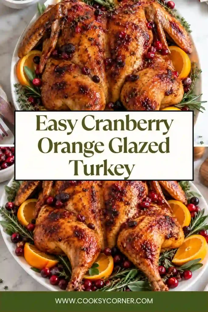 Cranberry Orange Glazed Turkey with golden roasted skin and a glossy cranberry orange glaze. Fresh rosemary, cranberries, and orange wedges surround the sliced holiday turkey.