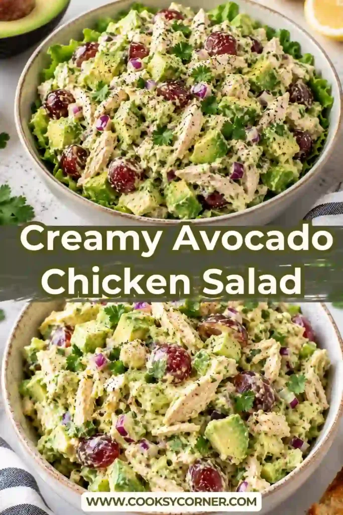 Healthy avocado chicken salad with juicy shredded chicken and chunks of ripe green avocado. Fresh cilantro, celery, onion, and lime add color, crunch, and bright flavor.