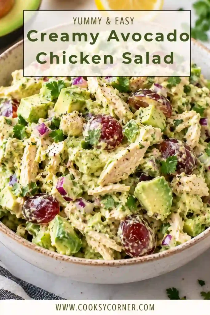 Creamy Avocado Chicken Salad made with shredded chicken, ripe avocado, celery, onion, cilantro, and fresh lime. The salad has a rich creamy dressing with chunky avocado pieces throughout.