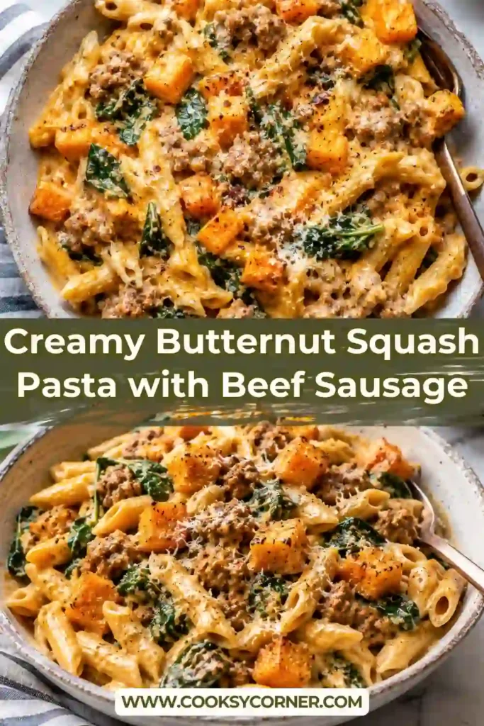 Roasted butternut squash pasta with bow tie pasta, browned beef sausage, wilted spinach, and creamy Parmesan sauce. The finished dish is garnished with chopped fresh parsley.