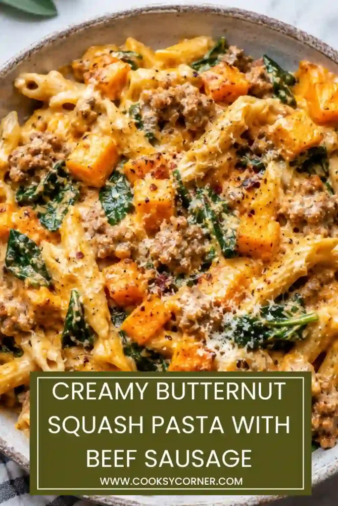 A bowl of creamy butternut squash pasta with sausage and spinach topped with fresh parsley. Golden roasted squash adds color and natural sweetness to the rich Parmesan pasta.