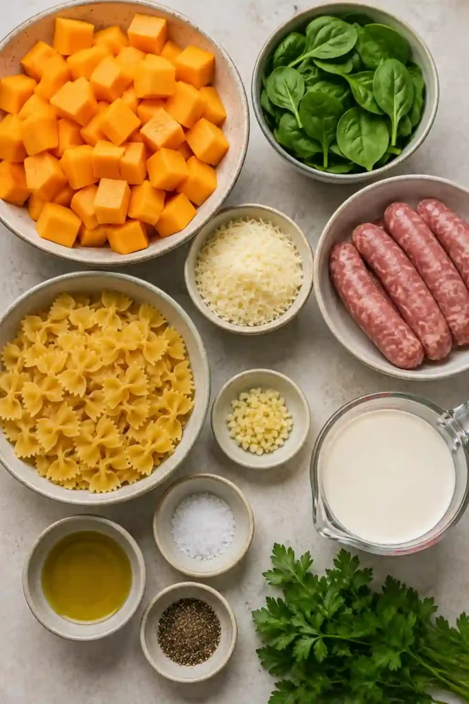 Creamy pasta with spinach, roasted butternut squash, and savory beef sausage served warm. Farfalle holds the rich garlic and Parmesan cream sauce between its folds.