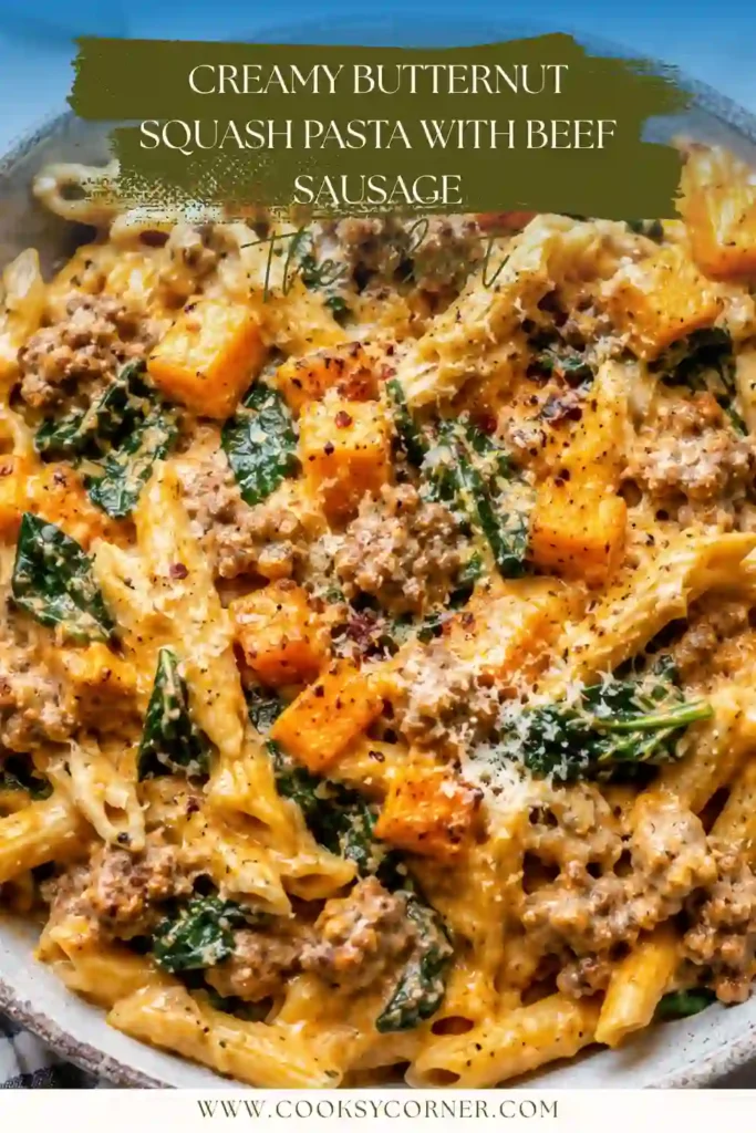 Creamy Butternut Squash Pasta with farfalle, roasted squash, beef sausage, and fresh spinach. A silky Parmesan cream sauce coats every piece of pasta.