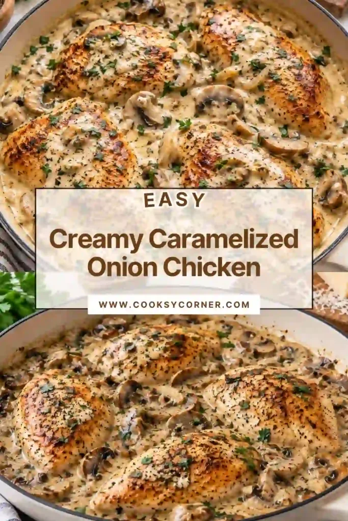 Creamy onion chicken featuring pan-seared chicken breasts, caramelized onions, and a rich homemade cream sauce. A comforting skillet chicken recipe for an easy family meal.