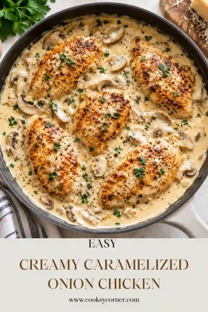 Juicy caramelized onion chicken topped with soft golden onions and a velvety Parmesan cream sauce. The creamy chicken skillet is served hot and ready for dinner.