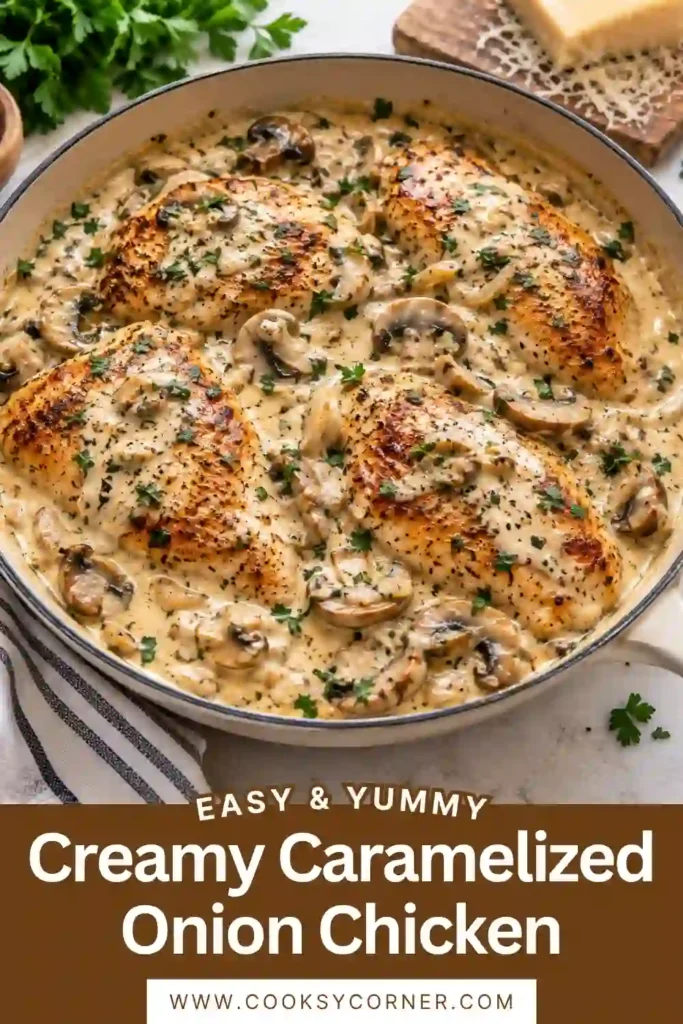 Creamy Caramelized Onion Chicken served in a skillet with tender chicken breasts covered in golden onions and rich cream sauce. This easy chicken dinner has a savory, creamy finish.