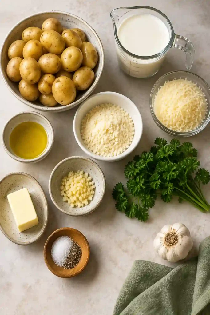 4. Tender creamy baby potatoes coated with garlic, Parmesan, heavy cream, and Italian herbs. Fresh parsley finishes this easy garlic Parmesan potatoes recipe.