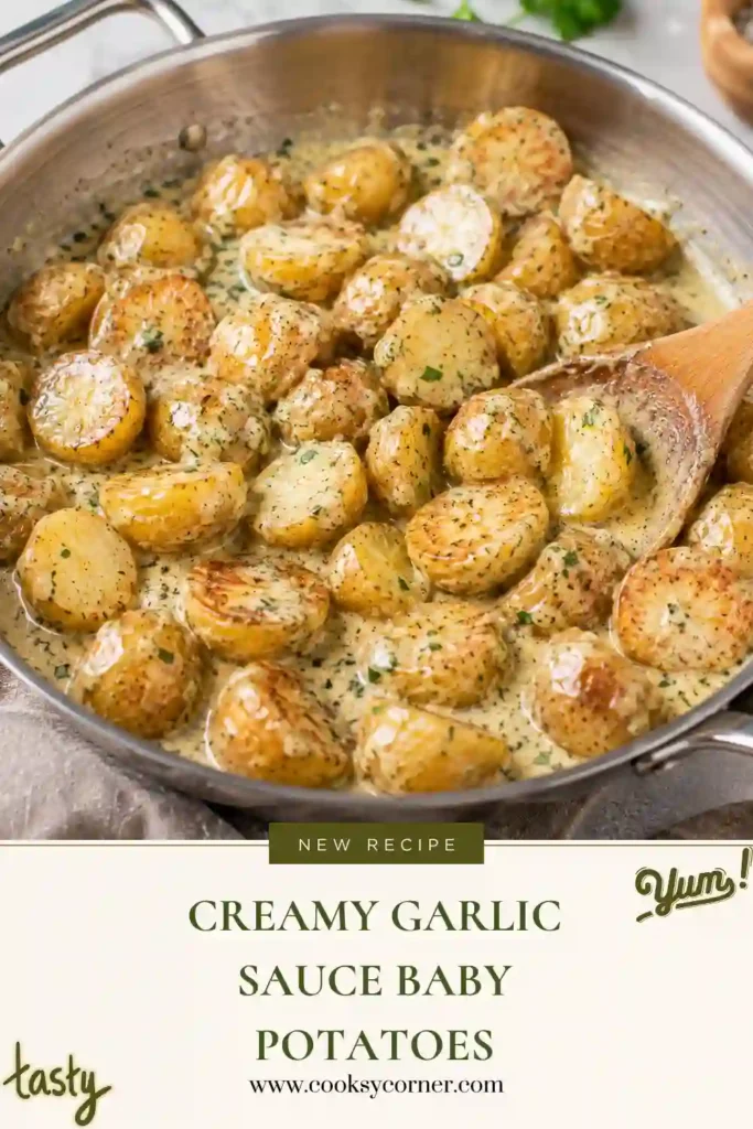 3. Golden baby potatoes covered in creamy garlic sauce with melted Parmesan cheese and herbs. This skillet baby potatoes recipe makes a rich and comforting side dish.