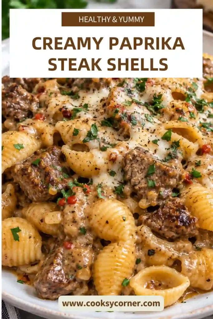 3. Creamy shell pasta tossed with browned steak bites in a smoky paprika and garlic Parmesan sauce. Fresh parsley finishes this hearty steak pasta recipe.