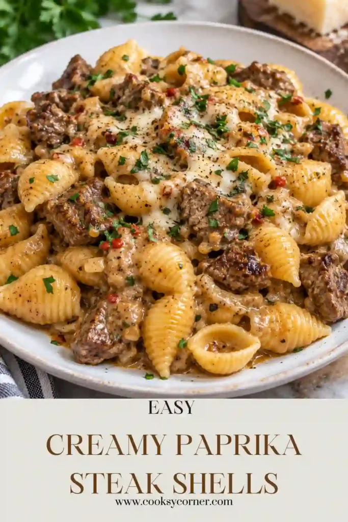 2. A skillet of Creamy Paprika Steak Shells featuring juicy steak, tender pasta, smoked paprika, and silky Parmesan sauce. This easy steak dinner is rich, savory, and comforting.