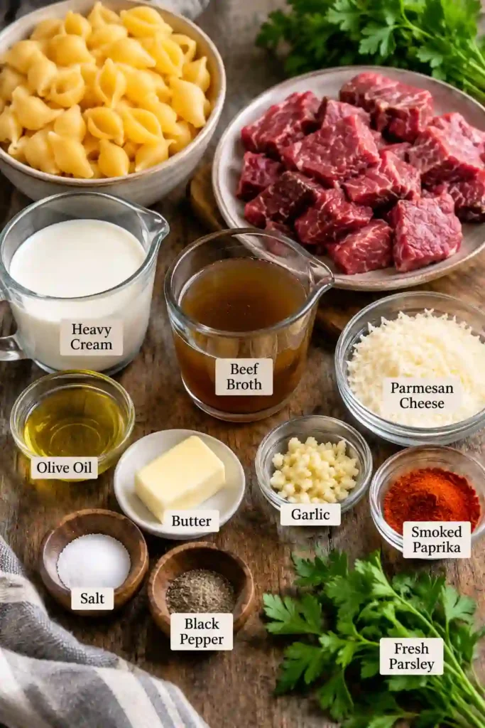 4. Close-up of paprika steak pasta with golden-brown steak pieces and shells covered in creamy Parmesan sauce. The dish is finished with chopped parsley for a fresh contrast.