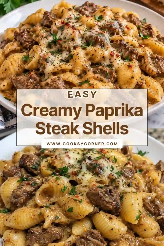1. Creamy Paprika Steak Shells with tender seared steak bites and shell pasta coated in a rich garlic Parmesan cream sauce. Fresh parsley adds color to this comforting creamy steak pasta.