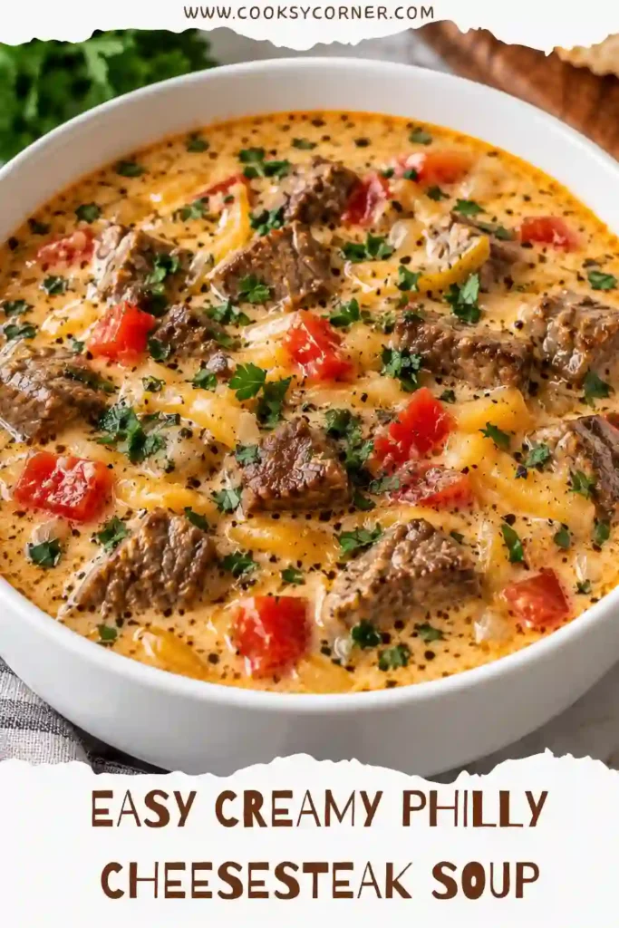 Creamy steak and cheese soup made with seared sirloin, bell peppers, onions, provolone, and Parmesan. The thick savory broth is served warm with toasted crusty bread.