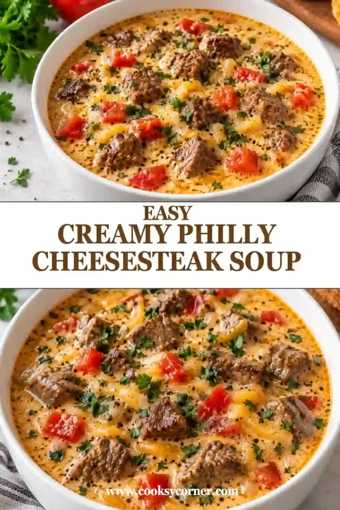 Bowl of Philly cheesesteak soup with tender beef strips, colorful peppers, onions, and creamy provolone broth. Fresh parsley and shredded cheese finish the hearty steak soup.