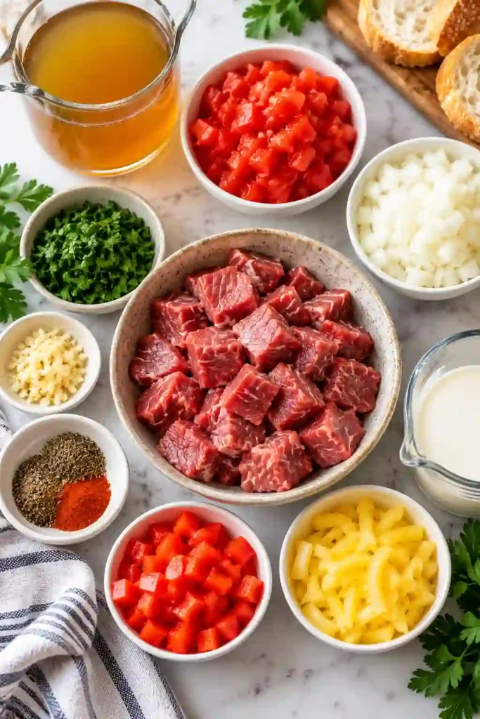 Homemade Creamy Philly Cheesesteak Soup topped with melted provolone and chopped parsley. Tender steak, green and red peppers, and onions fill the rich creamy broth.