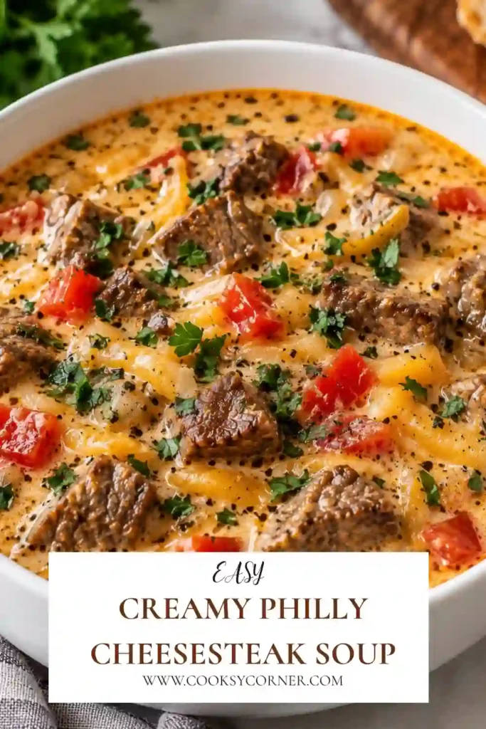 1. Creamy Philly Cheesesteak Soup filled with thinly sliced steak, red and green bell peppers, caramelized onions, and melted provolone. The rich cheese soup is garnished with parsley and served with crusty bread.