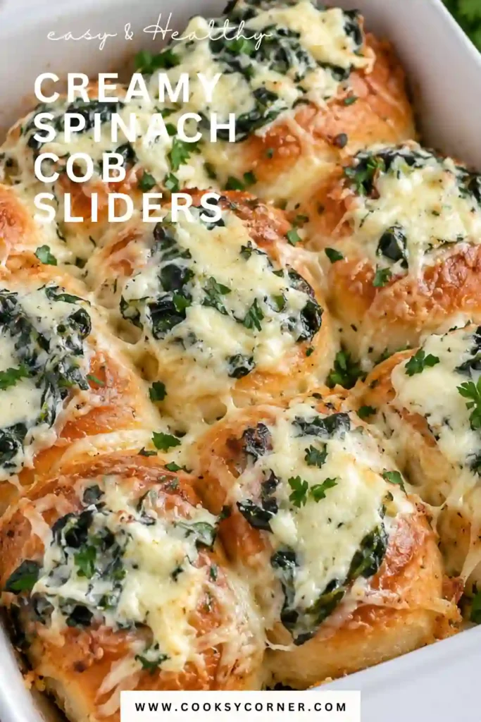 Warm Creamy Spinach Cob Sliders with soft bread, savory spinach filling, cream cheese, and melted mozzarella. These individual party sliders are served fresh from the oven.