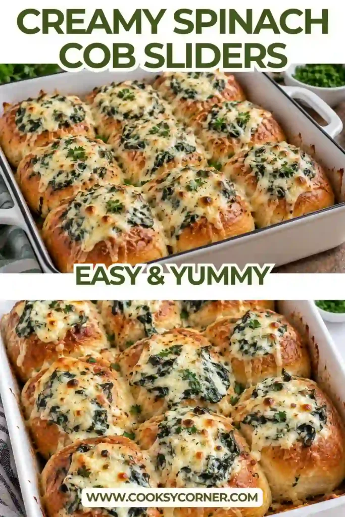 Freshly baked spinach dip sliders arranged together on a serving tray. Each dinner roll is filled with creamy spinach dip and finished with bubbling mozzarella and parsley.