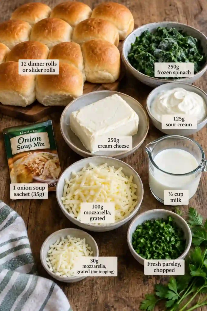 Golden cheesy spinach sliders filled with creamy spinach, sour cream, cream cheese, and mozzarella. The individual stuffed rolls make a comforting easy appetizer recipe for sharing
