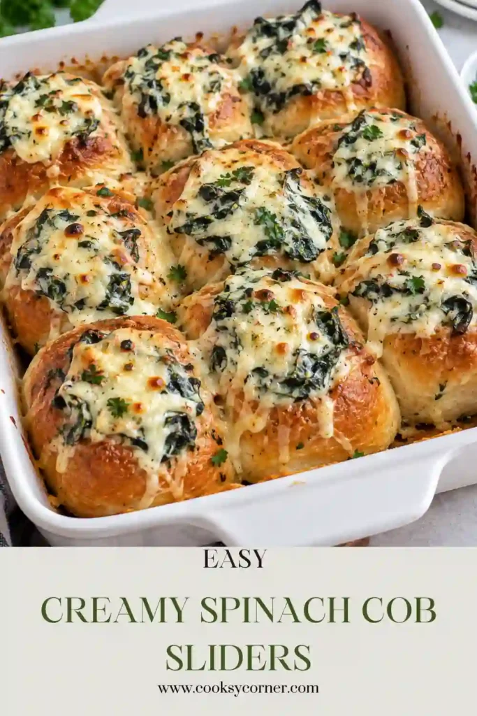 Creamy Spinach Cob Sliders filled with a rich spinach and cream cheese mixture and topped with golden melted mozzarella. Fresh parsley adds color to these warm cheesy spinach sliders.