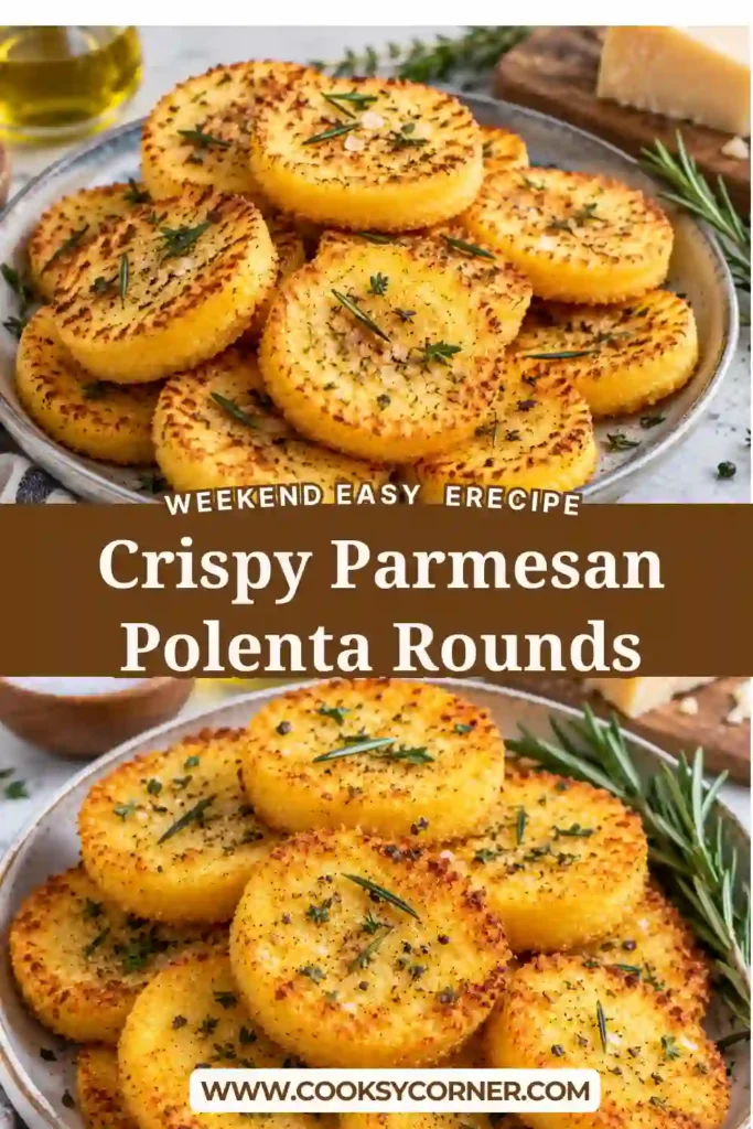 3. Pan-fried Crispy Parmesan Polenta Rounds served with warm marinara sauce for dipping. Each savory polenta bite has a crisp golden crust and a cheesy herb topping.