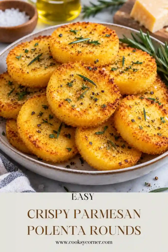 2. Golden baked polenta rounds topped with Parmesan cheese, garlic seasoning, and fresh parsley. The crispy polenta rounds have browned edges and soft, tender centers.
