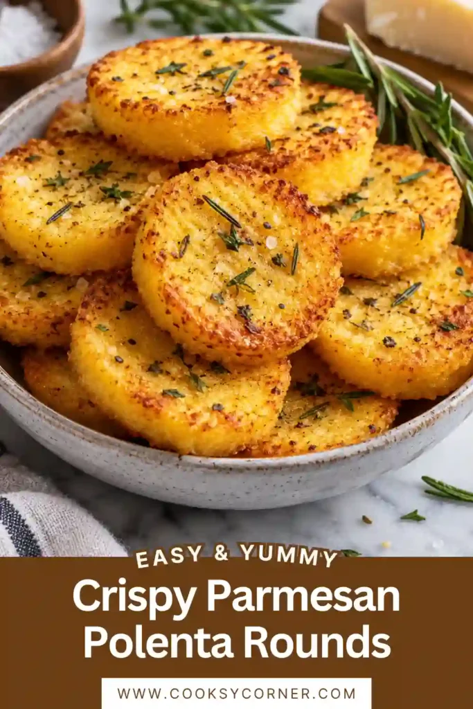 1. Crispy Parmesan Polenta Rounds arranged on a serving plate with golden edges and freshly grated Parmesan. The easy polenta appetizer is garnished with fresh herbs and served warm.