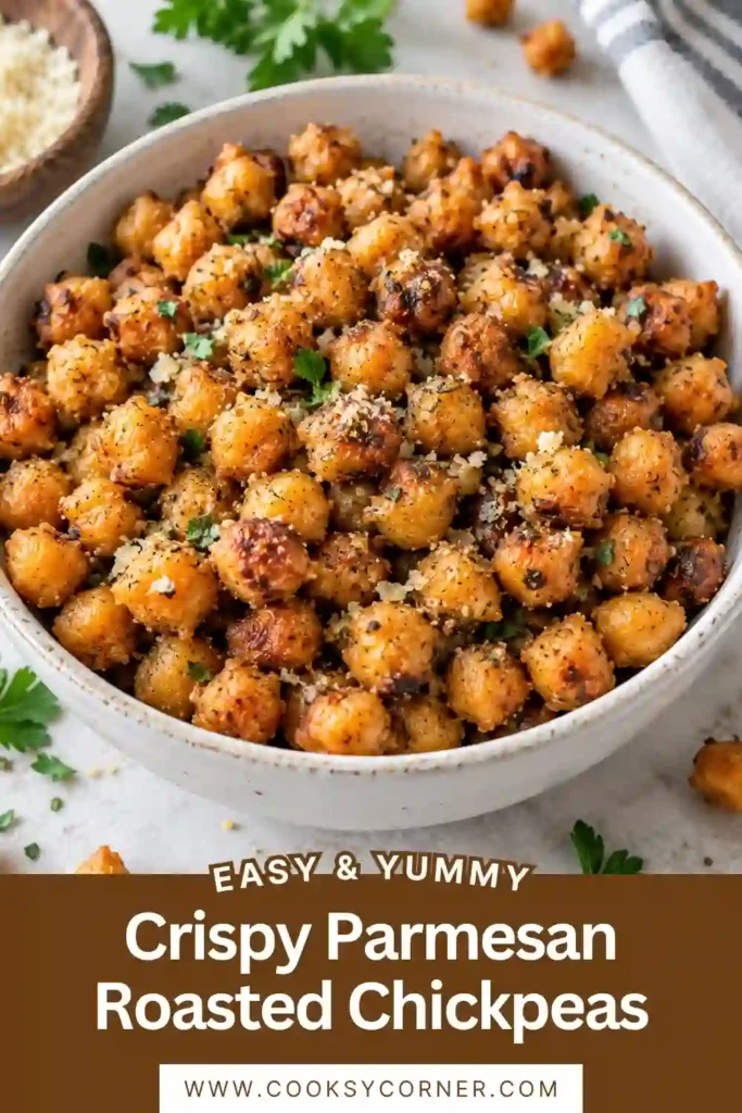 Close-up of crispy roasted chickpeas coated with grated Parmesan cheese, garlic seasoning, and fresh lemon zest. Their golden exterior highlights the crunchy texture of this homemade chickpea snack.