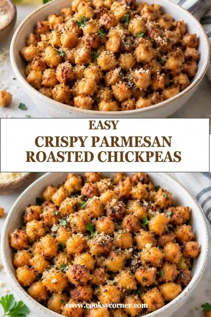 Golden oven roasted chickpeas spread in a single layer on a parchment-lined baking sheet. The garlic Parmesan chickpeas have a lightly browned exterior and a savory cheese coating.