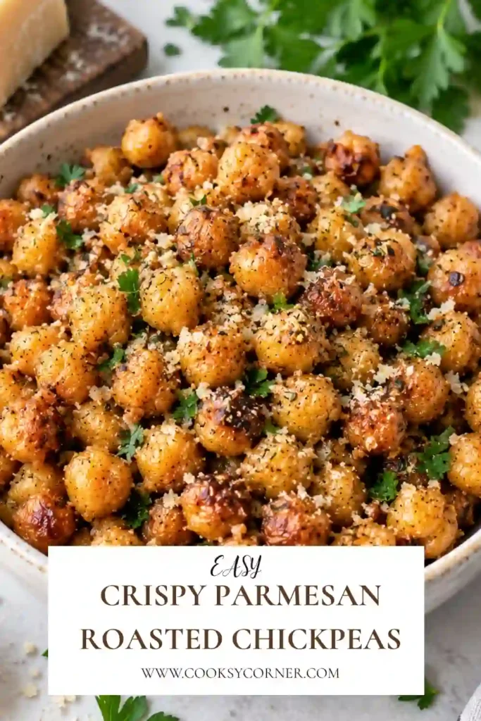 Crispy Parmesan Roasted Chickpeas served in a rustic bowl with a golden garlic Parmesan coating and fresh lemon zest. These crunchy oven-roasted chickpeas make a flavorful homemade snack.