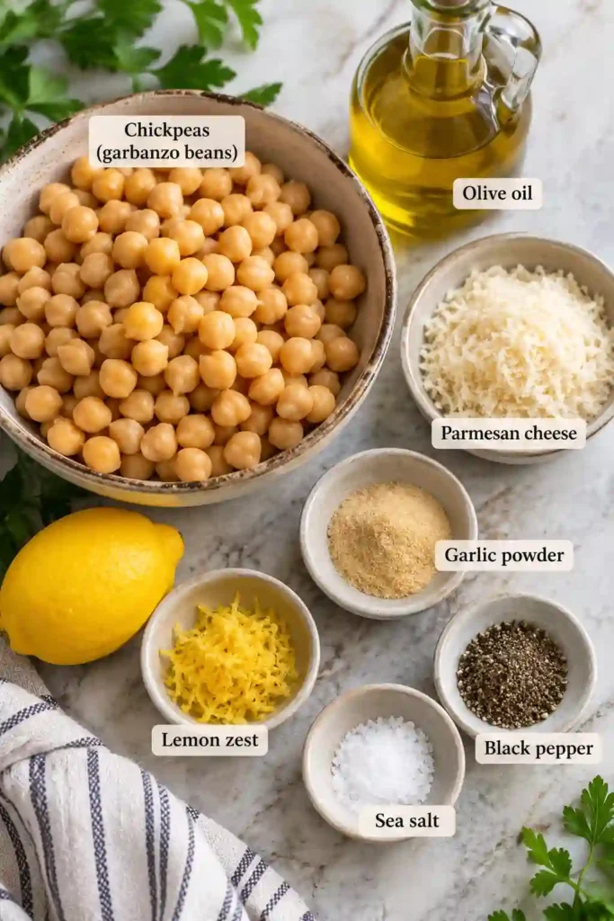 Crispy Parmesan Roasted Chickpeas served in a small bowl alongside fresh vegetables, lemon wedges, and a Mediterranean salad. These golden chickpeas make a delicious crunchy snack or savory salad topping.