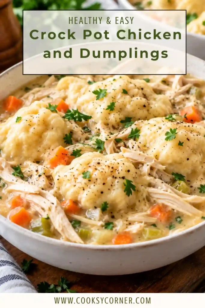 Creamy chicken and dumplings made in a slow cooker with tender chicken, mixed vegetables, and fluffy biscuit dumplings. The hearty comfort-food dinner is served warm in a deep bowl.