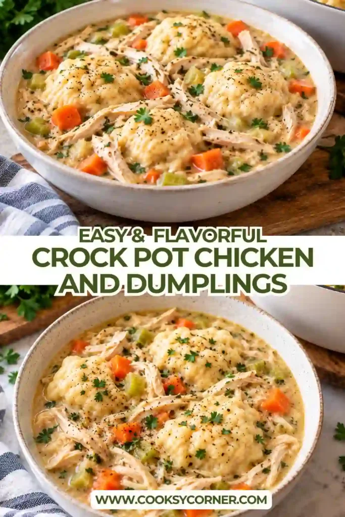 Slow cooker chicken and dumplings with soft golden biscuit pieces, shredded chicken, peas, and carrots in a thick creamy broth. Fresh parsley adds a bright green garnish.