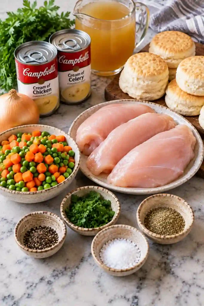 Easy chicken and dumplings with biscuits featuring juicy shredded chicken, colorful vegetables, and tender dumplings in creamy savory sauce. Chopped parsley and black pepper finish the dish.