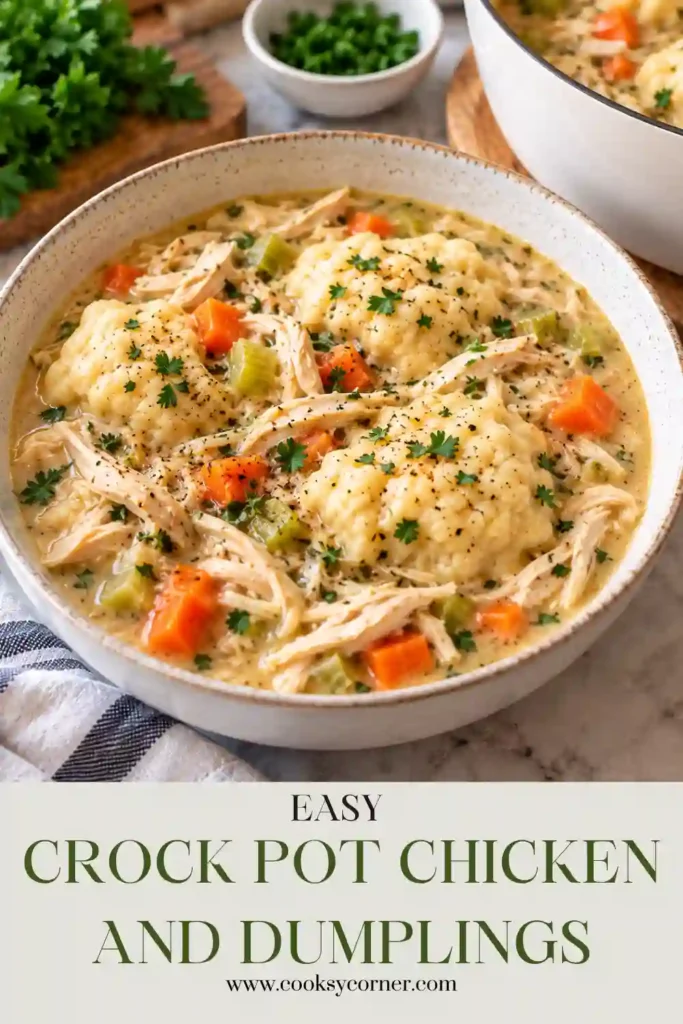 Crock Pot Chicken and Dumplings served in a rustic bowl with tender shredded chicken, carrots, peas, and fluffy biscuit dumplings. The creamy broth is finished with fresh parsley and black pepper.