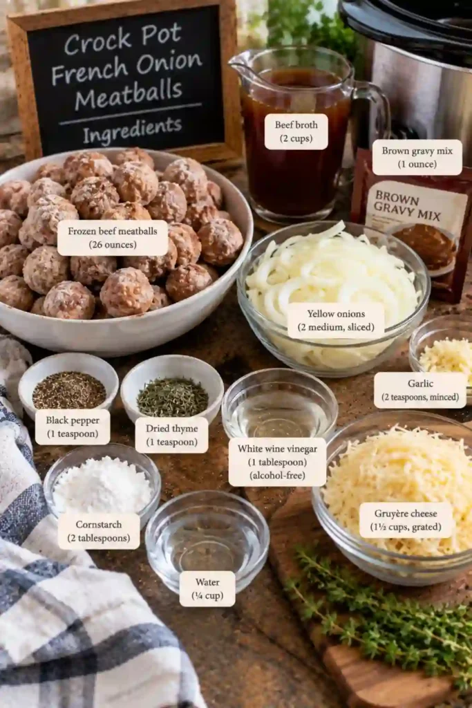 Slow cooker filled with beef meatballs and onions in brown gravy, finished with grated cheese melted on top. A serving spoon rests beside the crock pot.