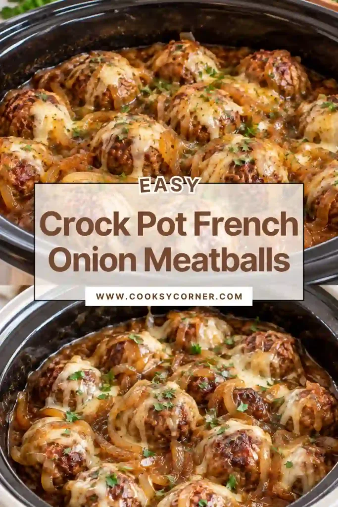 French onion meatballs served over mashed potatoes with brown gravy and melted cheese. Soft cooked onions surround the beef meatballs.