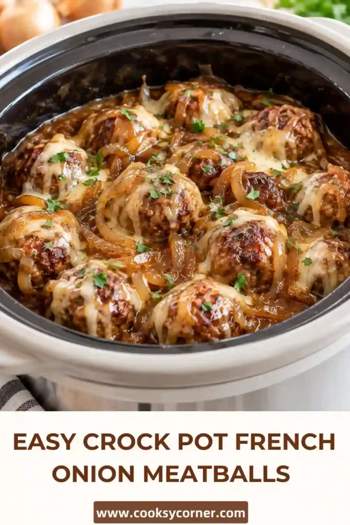 Crock pot French onion meatballs coated in savory onion gravy and topped with melted cheese. The beef meatballs are served hot in the slow cooker.