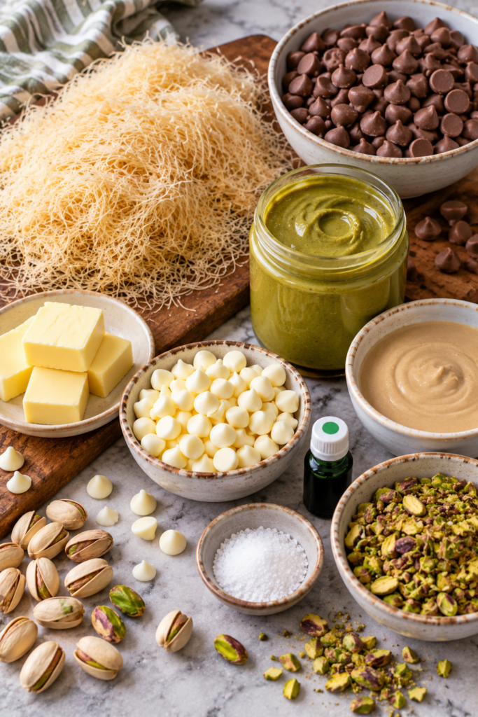 Dubai pistachio chocolate served in thick pieces with a creamy green pistachio and golden kataifi center. The rich milk chocolate shell surrounds a crunchy, nutty filling made with tahini and toasted pastry.