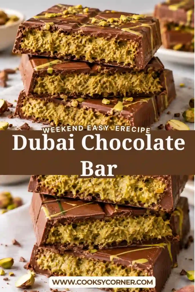 Homemade Dubai Chocolate Bar with a glossy milk chocolate shell and rich pistachio kataifi center. The creamy pistachio filling is packed with toasted shredded pastry for a crisp, crunchy texture.