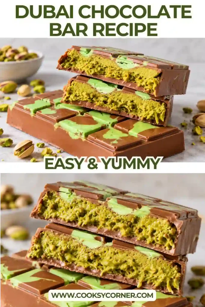 Viral Dubai chocolate bar filled with creamy pistachio spread, tahini, and crunchy toasted kataifi. The thick milk chocolate shell surrounds a rich pistachio center.