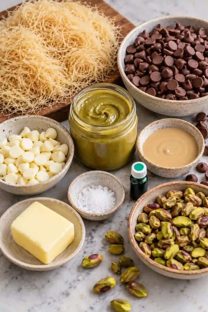 Homemade pistachio kataifi chocolate bar with a crisp milk chocolate coating and rich green pistachio center. Toasted kataifi strands add a crunchy texture throughout the filling.