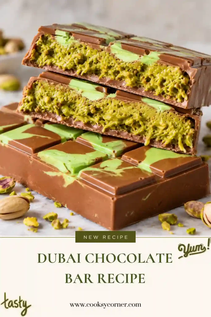 1. Homemade Dubai Chocolate Bar Recipe with a glossy milk chocolate shell and thick pistachio kataifi center. The sliced bar reveals creamy green pistachio filling mixed with crispy golden pastry.