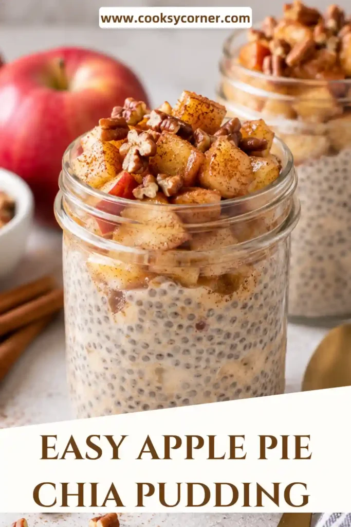 Homemade apple cinnamon chia pudding layered with creamy chia seeds and tender sautéed apples. The breakfast jar is topped with cinnamon and a light maple syrup drizzle.