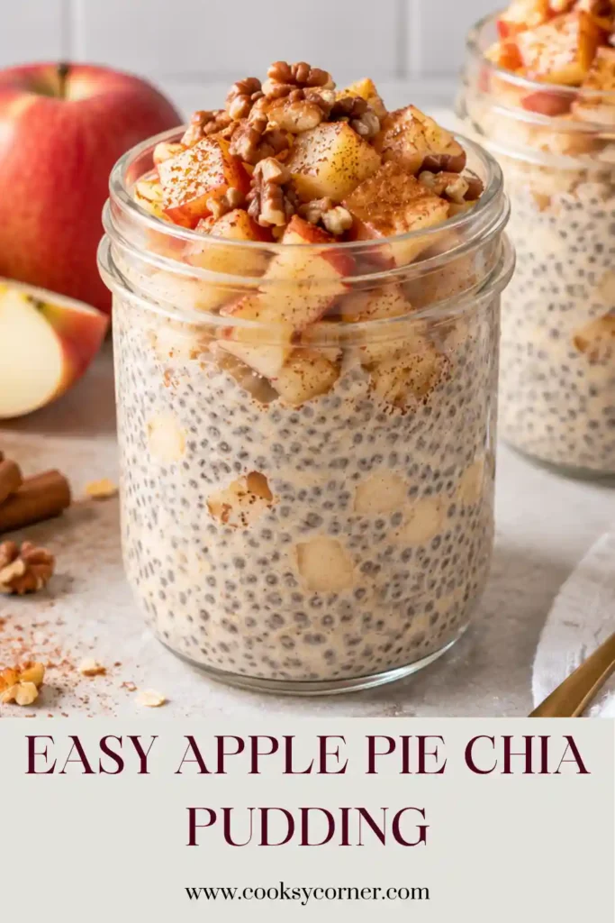 Apple Pie Chia Pudding featuring a thick chia pudding base made with plant milk, applesauce, and apple pie spice. Warm golden apple pieces and cinnamon create a cozy breakfast topping.