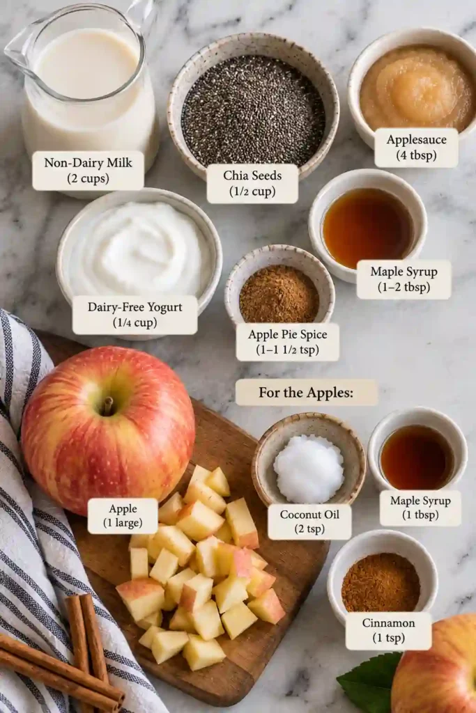 Vegan apple pie chia pudding served in individual glass jars with creamy pudding and cinnamon-coated apple pieces. A drizzle of maple syrup adds a glossy finish to the breakfast.