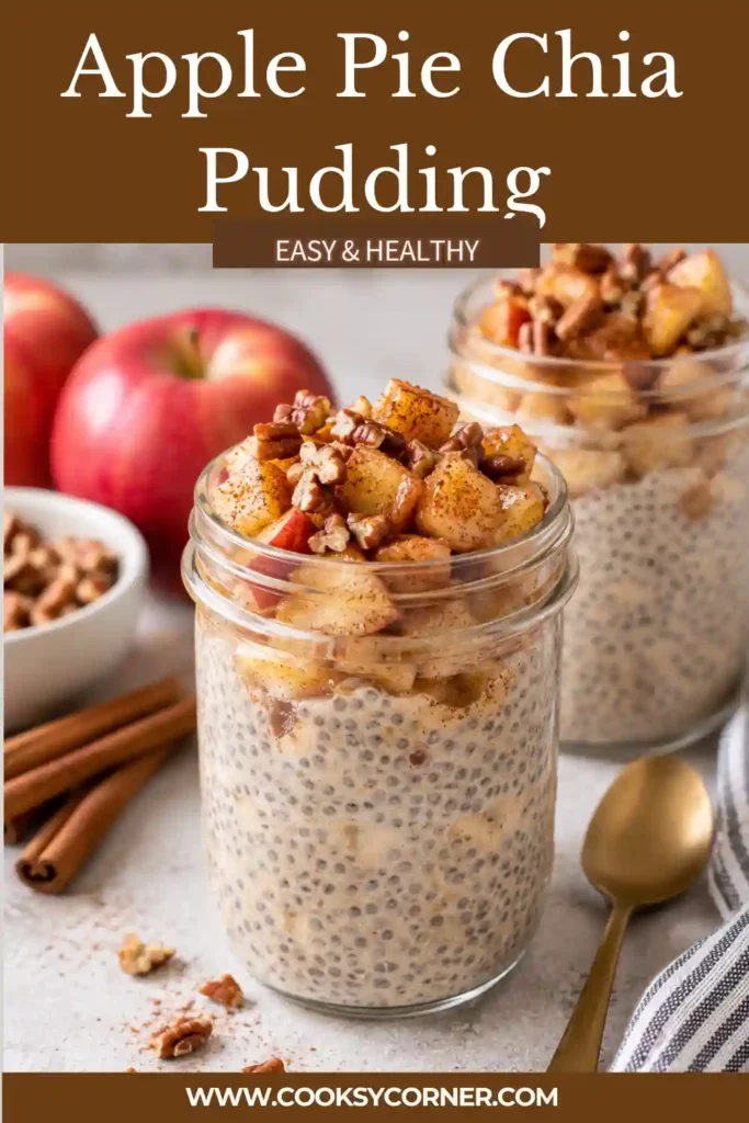 Apple Pie Chia Pudding served in a glass jar with creamy chia pudding and warm cinnamon apple topping. The apples are coated in maple syrup and finished with a sprinkle of ground cinnamon.