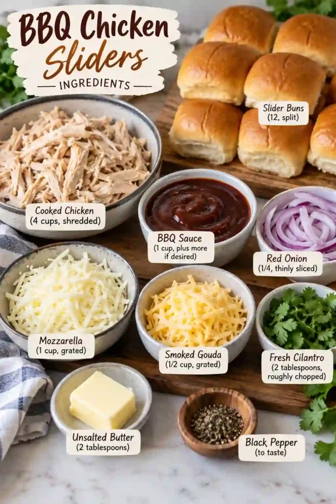 Baked chicken sliders with saucy shredded BBQ chicken and melted cheese served warm from a baking dish. Golden buns and a cilantro butter topping finish these easy party sliders.