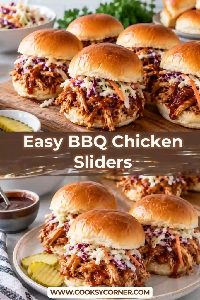 Easy BBQ chicken sliders baked until golden with tender shredded chicken, smoky barbecue sauce and melted cheese. Sliced red onion and fresh cilantro add color and fresh flavor.