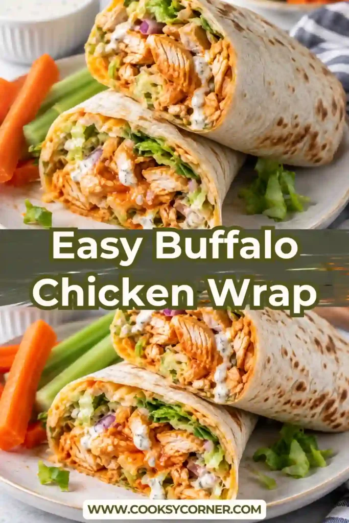 Homemade spicy chicken wrap packed with buffalo chicken, lettuce, carrots, sliced avocado, cheese, and creamy dressing. A colorful quick chicken lunch served in a flour tortilla.